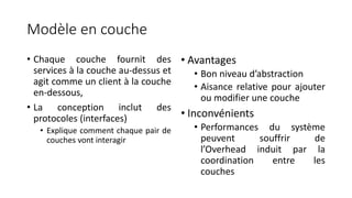Modèle en couche
• Chaque couche fournit des
services à la couche au-dessus et
agit comme un client à la couche
en-dessous,
• La conception inclut des
protocoles (interfaces)
• Explique comment chaque pair de
couches vont interagir
• Avantages
• Bon niveau d’abstraction
• Aisance relative pour ajouter
ou modifier une couche
• Inconvénients
• Performances du système
peuvent souffrir de
l’Overhead induit par la
coordination entre les
couches
 