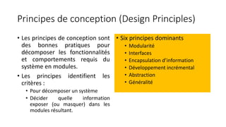 Principes de conception (Design Principles)
• Les principes de conception sont
des bonnes pratiques pour
décomposer les fonctionnalités
et comportements requis du
système en modules.
• Les principes identifient les
critères :
• Pour décomposer un système
• Décider quelle information
exposer (ou masquer) dans les
modules résultant.
• Six principes dominants
• Modularité
• Interfaces
• Encapsulation d’information
• Développement incrémental
• Abstraction
• Généralité
 