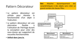 Pattern Décorateur
• Le pattern décorateur est
utilisée pour étendre la
fonctionnalité d’un objet à
l’exécution.
• Le pattern décorateur est une
alternative flexible à
l’utilisation de l’héritage durant
la conception pour créer des
sous-classes qui supportent de
nouvelles fonctionnalités
• Utilisé dans java.io.
But: Attacher dynamiquement des
caractéristiques à des objets sans créer un
grand nombre de classes filles.
 