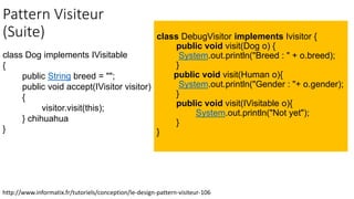 Pattern Visiteur
(Suite) class DebugVisitor implements Ivisitor {
public void visit(Dog o) {
System.out.println("Breed : " + o.breed);
}
public void visit(Human o){
System.out.println("Gender : "+ o.gender);
}
public void visit(IVisitable o){
System.out.println("Not yet");
}
}
http://www.informatix.fr/tutoriels/conception/le-design-pattern-visiteur-106
class Dog implements IVisitable
{
public String breed = "";
public void accept(IVisitor visitor)
{
visitor.visit(this);
} chihuahua
}
 