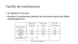 Facilité de maintenance
• Un logiciel ne s’use pas
• Pourtant, la maintenance absorbe une très grosse partie des efforts
de développement
 