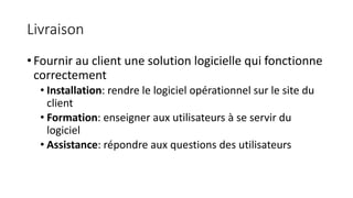 Livraison
• Fournir au client une solution logicielle qui fonctionne
correctement
• Installation: rendre le logiciel opérationnel sur le site du
client
• Formation: enseigner aux utilisateurs à se servir du
logiciel
• Assistance: répondre aux questions des utilisateurs
 