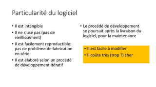 Particularité du logiciel
• Il est intangible
• Il ne s’use pas (pas de
vieillissement)
• Il est facilement reproductible:
pas de problème de fabrication
en série
• Il est élaboré selon un procédé
de développement itératif
• Le procédé de développement
se poursuit après la livraison du
logiciel, pour la maintenance
• Il est facile à modifier
• Il coûte très (trop ?) cher
 