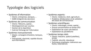 Typologie des logiciels
• Systèmes d’information
• Clients: entreprises, banques, …
• SGBD (intégrité des données)
• Systèmes de communication
• Clients: Télécoms, spatial…
• Développement par couches
• Gestion de la répartition
• Coût de l’échange de l’information
• Systèmes transactionnels
• Clients: compagnie d’aviation, banques,
SNCF
• Interactivité, réactivité, rapidité d’accès
aux informations
• Systèmes experts:
• Clients: médecine, droit, agriculture..
• Problème d’élaboration et de validation
des bases de connaissances
• Systèmes scientifiques:
• Clients: métrologie, armée, spatial,..
• Grosse consommation en temps CPU
• Exploitation de super calculateurs
• Exploitation du parallélisme
• Systèmes temps réels
• Clients: Industrie, spatial (satellites),
armée
• Fiabilité, sécurité, robustesse
• Techniques employées: tolérances aux
fautes, redondances
 