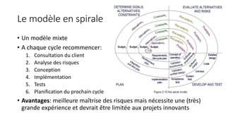 Le modèle en spirale
• Un modèle mixte
• A chaque cycle recommencer:
1. Consultation du client
2. Analyse des risques
3. Conception
4. Implémentation
5. Tests
6. Planification du prochain cycle
• Avantages: meilleure maîtrise des risques mais nécessite une (très)
grande expérience et devrait être limitée aux projets innovants
 