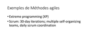 Exemples de Méthodes agiles
• Extreme programming (XP)
• Scrum: 30-day iterations; multiple self-organizing
teams, daily scrum coordination
 