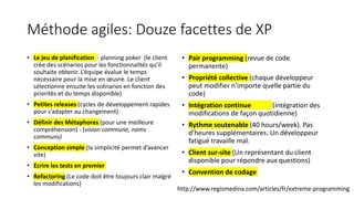 Méthode agiles: Douze facettes de XP
• Le jeu de planification - planning poker (le client
crée des scénarios pour les fonctionnalités qu’il
souhaite obtenir. L’équipe évalue le temps
nécessaire pour la mise en œuvre. Le client
sélectionne ensuite les scénarios en fonction des
priorités et du temps disponible)
• Petites releases (cycles de développement rapides
pour s’adapter au changement)
• Définir des Métaphores (pour une meilleure
compréhension) - (vision commune, noms
communs)
• Conception simple (la simplicité permet d’avancer
vite)
• Ecrire les tests en premier
• Refactoring (Le code doit être toujours clair malgré
les modifications)
• Pair programming (revue de code
permanente)
• Propriété collective (chaque développeur
peut modifier n’importe quelle partie du
code)
• Intégration continue (intégration des
modifications de façon quotidienne)
• Rythme soutenable (40 hours/week). Pas
d’heures supplémentaires. Un développeur
fatigué travaille mal.
• Client sur-site (Un représentant du client
disponible pour répondre aux questions)
• Convention de codage
http://www.regismedina.com/articles/fr/extreme-programming
 