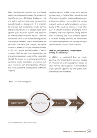FINANCE FOR CITY LEADERS HANDBOOK 163
Many cities have also benefited from more flexible
development planning techniques that accept inevi-
table changes over a 20–30 year development cycle
and seek to build an infrastructure framework that
supports long-term development. It is important
to emphasize that comprehensive master planning
efforts are not intended to be a static exercise. Devel-
opment plans should be dynamic and responsive
to evolving market conditions. Figure C illustrates
the iterative nature of the master planning process.
The analytical framework (step 1) is used to evaluate
performance of master plan concepts, and can be
adjusted to respond to changing variables and market
conditions to provide sensitivity analyses of various
scenarios, which are used in turn as inputs to refine
and optimize subsequent versions of the master plan
(step 2). This process can be particularly useful when
developing specific project plans for execution such
as an acquisitions plan, phasing strategy, infrastruc-
ture needs assessments and projections, and financ-
ing plans.
Land use planning is likely to play an increasingly
significant role in the New Urban Agenda because
of its capacity to deliver coordinated development
and overcome ad-hoc incrementalism that can lead
to sprawl, social and spatial segregation, and lower
quality of life. Land use planning is most effec-
tive if it is flexible in the face of changing market
conditions, and when alignment among different
levels of planning and across different agencies
is achieved, thereby enabling the simplification
of complex developments and the sequencing of
them with other infrastructure and services.
Land use, infrastructure, and amenities:
Getting the basics right
In addition to coordinated land use master
planning, other tools and other provisions also play
an influential role in the development process for
cities. Planning often supports a multi-faceted and
organic process supported by other public sector
interventions and investments.
Figure C: The master planning process
Source: JLL Public Institutions - Municipal Advisory Practice
1.	 Analytical Framework/
	 Highest & Best Use
2. Master Planning 3. Approvals
4.	Project
	Execution
 
