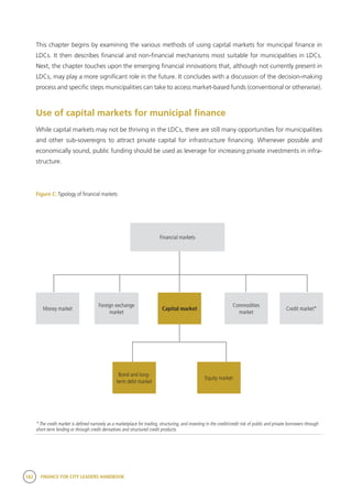 182 FINANCE FOR CITY LEADERS HANDBOOK
This chapter begins by examining the various methods of using capital markets for municipal finance in
LDCs. It then describes financial and non-financial mechanisms most suitable for municipalities in LDCs.
Next, the chapter touches upon the emerging financial innovations that, although not currently present in
LDCs, may play a more significant role in the future. It concludes with a discussion of the decision-making
process and specific steps municipalities can take to access market-based funds (conventional or otherwise).
Use of capital markets for municipal finance
While capital markets may not be thriving in the LDCs, there are still many opportunities for municipalities
and other sub-sovereigns to attract private capital for infrastructure financing. Whenever possible and
economically sound, public funding should be used as leverage for increasing private investments in infra-
structure.
Financial markets
Capital market
Bond and long-
term debt market
Foreign exchange
market
Commodities
market
Equity market
Money market Credit market*
* The credit market is defined narrowly as a marketplace for trading, structuring, and investing in the credit/credit risk of public and private borrowers through
short-term lending or through credit derivatives and structured credit products.
Figure C: Typology of financial markets
 