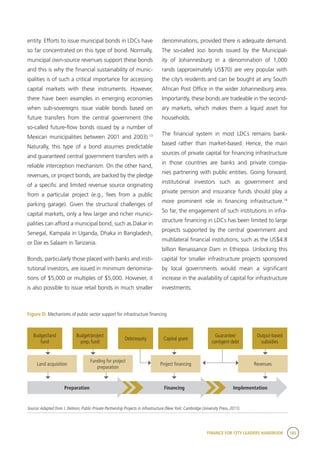 FINANCE FOR CITY LEADERS HANDBOOK 185
entity. Efforts to issue municipal bonds in LDCs have
so far concentrated on this type of bond. Normally,
municipal own-source revenues support these bonds
and this is why the financial sustainability of munic-
ipalities is of such a critical importance for accessing
capital markets with these instruments. However,
there have been examples in emerging economies
when sub-sovereigns issue viable bonds based on
future transfers from the central government (the
so-called future-flow bonds issued by a number of
Mexican municipalities between 2001 and 2003).13
Naturally, this type of a bond assumes predictable
and guaranteed central government transfers with a
reliable interception mechanism. On the other hand,
revenues, or project bonds, are backed by the pledge
of a specific and limited revenue source originating
from a particular project (e.g., fees from a public
parking garage). Given the structural challenges of
capital markets, only a few larger and richer munici-
palities can afford a municipal bond, such as Dakar in
Senegal, Kampala in Uganda, Dhaka in Bangladesh,
or Dar es Salaam in Tanzania.
Bonds, particularly those placed with banks and insti-
tutional investors, are issued in minimum denomina-
tions of $5,000 or multiples of $5,000. However, it
is also possible to issue retail bonds in much smaller
denominations, provided there is adequate demand.
The so-called Jozi bonds issued by the Municipal-
ity of Johannesburg in a denomination of 1,000
rands (approximately US$70) are very popular with
the city’s residents and can be bought at any South
African Post Office in the wider Johannesburg area.
Importantly, these bonds are tradeable in the second-
ary markets, which makes them a liquid asset for
households. 
The financial system in most LDCs remains bank-
based rather than market-based. Hence, the main
sources of private capital for financing infrastructure
in those countries are banks and private compa-
nies partnering with public entities. Going forward,
institutional investors such as government and
private pension and insurance funds should play a
more prominent role in financing infrastructure.14
So far, the engagement of such institutions in infra-
structure financing in LDCs has been limited to large
projects supported by the central government and
multilateral financial institutions, such as the US$4.8
billion Renaissance Dam in Ethiopia. Unlocking this
capital for smaller infrastructure projects sponsored
by local governments would mean a significant
increase in the availability of capital for infrastructure
investments.
Figure D: Mechanisms of public sector support for infrastructure financing
Source:Adapted from J. Delmon, Public-Private Partnership Projects in Infrastructure (New York: Cambridge University Press, 2011).
Project financing
Funding for project
preparation
Land acquisition
Budget/land
fund
Budget/project
prep. fund
Debt/equity
Guarantee/
contigent debt
Capital grant
Output-based
subsidies
Revenues
Preparation Financing Implementation
 