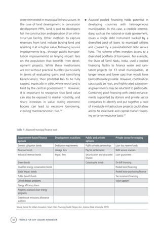 40 FINANCE FOR CITY LEADERS HANDBOOK
were reinvested in municipal infrastructure. In
the case of land development or concession
development PPPs, land is sold to developers
for the construction and operation of an infra-
structure facility. Other methods to capture
revenues from land include buying land and
reselling it at a higher value following service
improvements (e.g., through public transpor-
tation improvements) or levying impact fees
on the population that benefits from devel-
opment projects. While these mechanisms
are not without practical hurdles (particularly
in terms of evaluating gains and identifying
beneficiaries), their potential has to be fully
tapped, especially in cities where most land is
held by the central government.25
However,
it is important to recognize that land value
can also be exposed to market volatility, and
sharp increases in value during economic
booms can lead to excessive borrowing,
creating macroeconomic risks.26
	Assisted pooled financing holds potential in
developing countries with heterogeneous
municipalities. In this case, a credible interme-
diary, such as the national or state government,
issues a single debt instrument backed by a
diversified pool of loans to municipal utilities
and covered by a pre-established debt service
fund. This scheme offers investors access to a
diversified portfolio of borrowers. For example,
the State of Tamil Nadu, India, used a pooled
financing facility to finance water and sani-
tation projects for 13 small municipalities, at
longer tenors and lower cost than would have
been otherwise possible. However, coordination
costs could be high, and highly rated subnation-
al governments may be reluctant to participate.
Combining pool financing with credit enhance-
ments supported by donors and private sector
companies to identify and put together a pool
of investable infrastructure projects could allow
access to local bank and capital market financ-
ing on a non-recourse basis.27
Table 1: Advanced municipal finance tools	
Government-based finance
options
Development exactions Public and private
options
Private sector leveraging
General obligation bonds Dedication requirements Public–private partnerships Loan loss reserve funds
Revenue bonds Linkage fees Pay for performance Debt service reserves
Industrial revenue bonds Impact fees Securitization and structured
finance
Loan guarantees
Green bonds Catastrophe bonds On-bill financing
Qualified energy conservation bonds Pooled bond financing
Social impact bonds Pooled lease-purchasing finance
Public benefit funds Tax increment financing
Linked deposit programs Value capture
Energy efficiency loans
Property-assessed clean energy
programs
Greenhouse emissions allowance
auctions
Source: Center for Urban Innovation, Smart Cities Financing Guide (Tempe,Ariz.,Arizona State University, 2015).
 