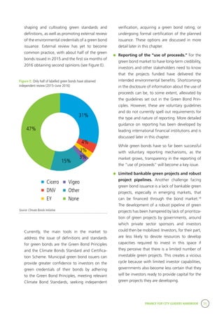 FINANCE FOR CITY LEADERS HANDBOOK 71
shaping and cultivating green standards and
definitions, as well as promoting external review
of the environmental credentials of a green bond
issuance. External review has yet to become
common practice, with about half of the green
bonds issued in 2015 and the first six months of
2016 obtaining second opinions (see Figure E).
Figure E: Only half of labelled green bonds have obtained
independent review (2015–June 2016)
verification, acquiring a green bond rating, or
undergoing formal certification of the planned
issuance. These options are discussed in more
detail later in this chapter.
	 Reporting of the “use of proceeds.” For the
green bond market to have long-term credibility,
investors and other stakeholders need to know
that the projects funded have delivered the
intended environmental benefits. Shortcomings
in the disclosure of information about the use of
proceeds can be, to some extent, alleviated by
the guidelines set out in the Green Bond Prin-
ciples. However, these are voluntary guidelines
and do not currently spell out requirements for
the type and nature of reporting. More detailed
guidance on reporting has been developed by
leading international financial institutions and is
discussed later in this chapter.
	 While green bonds have so far been successful
with voluntary reporting mechanisms, as the
market grows, transparency in the reporting of
the “use of proceeds” will become a key issue.
	 Limited bankable green projects and robust
project pipelines. Another challenge facing
green bond issuance is a lack of bankable green
projects, especially in emerging markets, that
can be financed through the bond market.18
The development of a robust pipeline of green
projects has been hampered by lack of prioritiza-
tion of green projects by governments, around
which private sector sponsors and investors
could then be mobilized. Investors, for their part,
are less likely to devote resources to develop
capacities required to invest in this space if
they perceive that there is a limited number of
investable green projects. This creates a vicious
cycle because with limited investor capabilities,
governments also become less certain that they
will be investors ready to provide capital for the
green projects they are developing.
31%
4%
3%
3%
15%
47%
Cicero
DNV
EY
Vigeo
Other
None
Source: Climate Bonds Initiative
	 Currently, the main tools in the market to
address the issue of definitions and standards
for green bonds are the Green Bond Principles
and the Climate Bonds Standard and Certifica-
tion Scheme. Municipal green bond issuers can
provide greater confidence to investors on the
green credentials of their bonds by adhering
to the Green Bond Principles, meeting relevant
Climate Bond Standards, seeking independent
 
