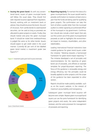 FINANCE FOR CITY LEADERS HANDBOOK 75
	 Issuing the green bond. As with any conven-
tional bond, issuers of green municipal bonds
will follow the usual steps. They should first
seek required issuance approval from regulators.
Second, working with an investment bank or
advisor, they should structure the bond. Any sort
of structure, from vanilla bonds to asset-backed
securities, can be used as long as proceeds are
allocated to green projects or assets. Finally, they
should market and price the green municipal
bond. It should be noted that creditworthiness
is judged the same as for other bonds. Issuers
should expect to get credit rated in the usual
manner. Currently 82 per cent of the labelled
green bond market is investment grade (see
Figure F).25
Figure F: Investment grade green bond issuance dominates
	 Reporting regularly. To maintain the status of a
green municipal bond, the issuer would need to
provide confirmation to investors at least once a
year that the funds are being used for qualifying
green projects. The confirmation can take the
form of either a public letter from the municipal
auditor or a letter signed by an authorized officer
of the municipal or city government. Confirma-
tion should also include a brief report that sets
out the current use of the green municipal bond
proceeds as well as highlights the environmen-
tal impact to investors, shareholders, and other
stakeholders.
	 Leading international financial institutions have
created guidance for green bond issuers under
the initiative “Working towards a harmonized
framework for green bond impact reporting.”26
The initiative developed a set of principles and
recommendations for the reporting of green
bond use of proceeds, and offered an example
template for project-by-project reporting. The
focus of this guidance is renewable energy and
energy efficiency, but the principles could be
broadly applied to other projects until the scope
of the guidance has been expanded to other
sectors.
	 Reports should be made publicly available, such
as on the issuer’s website, in the interest of
maximum accountability and transparency.
Subsequent green municipal bond issuance will
become even simpler. Repeat green municipal bond
issuers can use the same framework for identifying
green projects and assets, the same independent
reviewer, and the same processes for management
of proceeds and reporting.
AAA
43%
AA
15%
A
15%
BBB
9%
<BBB
4%
No Rating
14%
Source: Climate Bonds Initiative
 