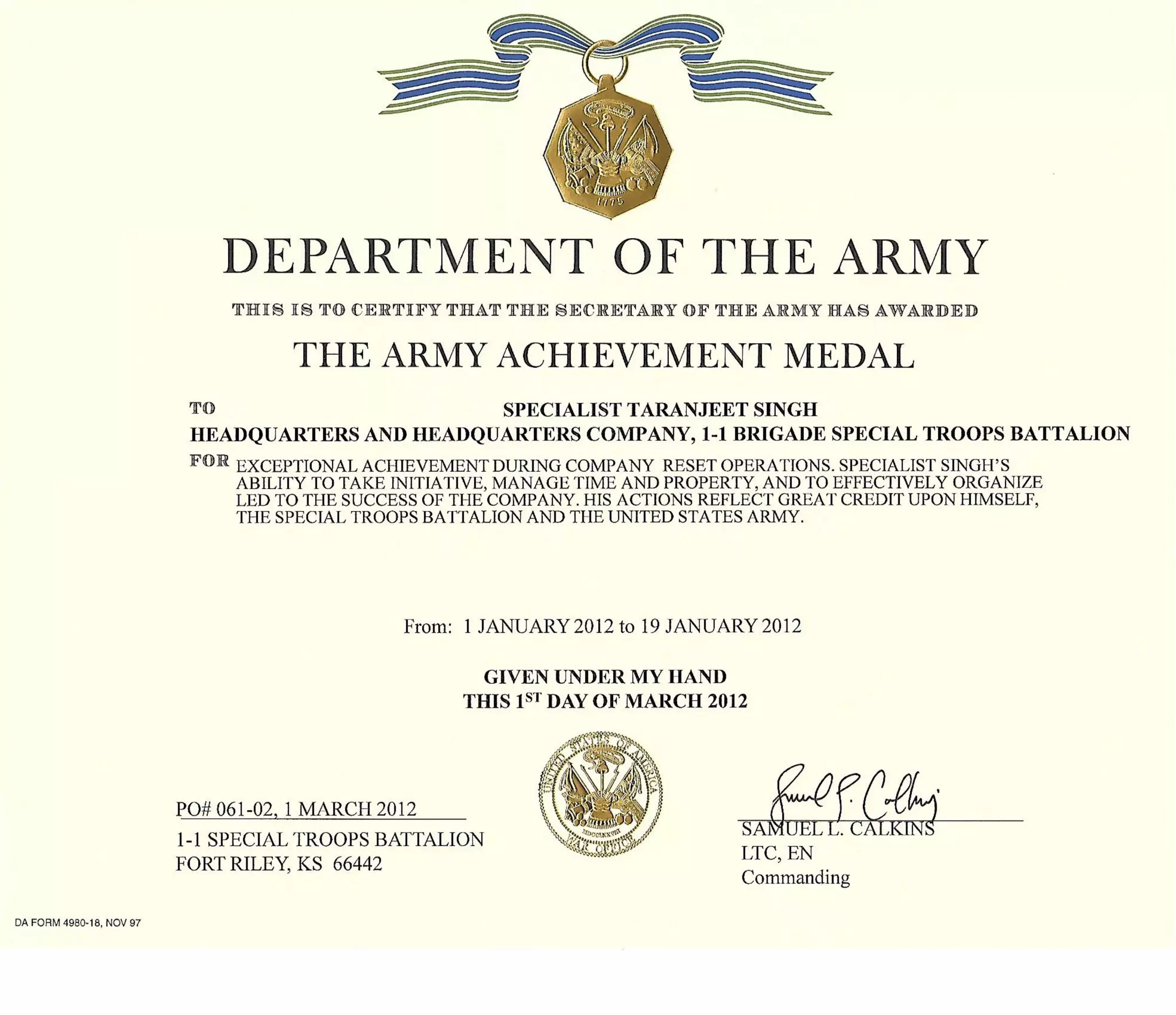 Army Achievement Medal Jan 2012 | PDF
