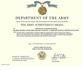 Army Achievement Medal Jan 2012