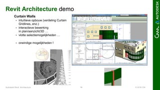 © 2016 C3A14Autodesk Revit Architecture
Revit Architecture demo
Curtain Walls
 intuïtieve opbouw (verdeling Curtain
Gridlines, enz.)
 interactieve bewerking
in plan/aanzicht/3D …
 vlotte selectiemogelijkheden …
 oneindige mogelijkheden !
 