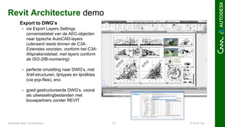 © 2016 C3A21Autodesk Revit Architecture
Revit Architecture demo
Export to DWG’s
 via Export Layers Settings
conversietabel van de AEC-objecten
naar typische AutoCAD-layers
(uiteraard reeds binnen de C3A-
Extensies voorzien, conform het C3A-
Afsprakenstelsel, met layers conform
de ISO-SfB-normering)
 perfecte omzetting naar DWG’s, met
Xref-structuren, lijntypes en lijndiktes
(via pcp-files), enz.
 goed gestructureerde DWG’s, vooral
als uitwisselingbestanden met
bouwpartners zonder REVIT
 