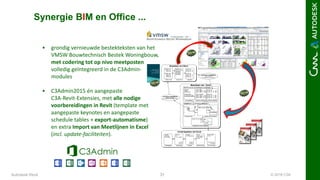 © 2016 C3A31Autodesk Revit
• grondig vernieuwde bestekteksten van het
VMSW Bouwtechnisch Bestek Woningbouw,
met codering tot op nivo meetposten
volledig geïntegreerd in de C3Admin-
modules
• C3Admin2015 én aangepaste
C3A-Revit-Extensies, met alle nodige
voorbereidingen in Revit (template met
aangepaste keynotes en aangepaste
schedule tables + export-automatisme)
en extra Import van Meetlijnen in Excel
(incl. update-faciliteiten).
Synergie BIM en Office ...
 