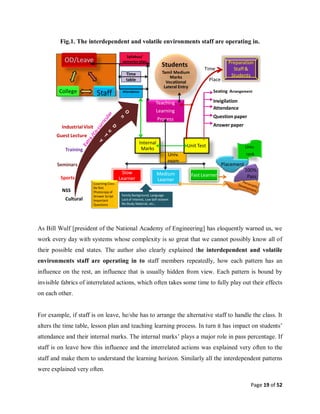 Page 19 of 52
Fig.1. The interdependent and volatile environments staff are operating in.
Univ.
exam
Teaching
Learning
Process
Slow
Learner
Medium
Learner
Fast Learner
Internal
Marks
Unit Test
OD/Leave
StaffCollege
Students
Tamil Medium
Marks
Vocational
Lateral Entry
Syllabus/
semesterplan
Time
table
Attendance
Seminars
Sports
Univ.
rank
Seating Arrangement
Invigilation
Attendance
Question paper
Answer paper
100%
Pass
Placement
Cultural
Training
Guest Lecture
IndustrialVisit
NSS
Coaching Class
ReTest
Photocopy of
Answer Script
Important
Questions
Family Background, Language
Lackof Interest, Low Self-esteem
No Study Material, etc.,
Preparation
Staff&
Students
Time
Place
As Bill Wulf [president of the National Academy of Engineering] has eloquently warned us, we
work every day with systems whose complexity is so great that we cannot possibly know all of
their possible end states. The author also clearly explained the interdependent and volatile
environments staff are operating in to staff members repeatedly, how each pattern has an
influence on the rest, an influence that is usually hidden from view. Each pattern is bound by
invisible fabrics of interrelated actions, which often takes some time to fully play out their effects
on each other.
For example, if staff is on leave, he/she has to arrange the alternative staff to handle the class. It
alters the time table, lesson plan and teaching learning process. In turn it has impact on students’
attendance and their internal marks. The internal marks’ plays a major role in pass percentage. If
staff is on leave how this influence and the interrelated actions was explained very often to the
staff and make them to understand the learning horizon. Similarly all the interdependent patterns
were explained very often.
 