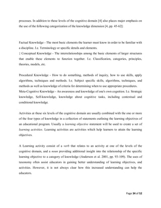 Page 34 of 52
processes. In addition to these levels of the cognitive domain [4] also places major emphasis on
the use of the following categorization of the knowledge dimension [4, pp. 45-62]:
Factual Knowledge - The most basic elements the learner must know in order to be familiar with
a discipline. I.e. Terminology or specific details and elements.
{ Conceptual Knowledge - The interrelationships among the basic elements of larger structures
that enable these elements to function together. I.e. Classification, categories, principles,
theories, models, etc.
Procedural Knowledge - How to do something, methods of inquiry, how to use skills, apply
algorithms, techniques and methods. I.e. Subject specific skills, algorithms, techniques, and
methods as well as knowledge of criteria for determining when to use appropriate procedures.
Meta-Cognitive Knowledge - An awareness and knowledge of one's own cognition. I.e. Strategic
knowledge, Self-knowledge, knowledge about cognitive tasks, including contextual and
conditional knowledge.
Activities at these six levels of the cognitive domain are usually combined with the one or more
of the four types of knowledge in a collection of statements outlining the learning objectives of
an educational program. Usually a learning objective statement will be used to create a set of
learning activities. Learning activities are activities which help learners to attain the learning
objectives.
A Learning activity consist of a verb that relates to an activity at one of the levels of the
cognitive domain, and a noun providing additional insight into the relationship of the specific
learning objective to a category of knowledge (Anderson et al. 2001, pp. 93-109). The uses of
taxonomy often assist educators in gaining better understanding of learning objectives, and
activities. However, it is not always clear how this increased understanding can help the
educators.
 