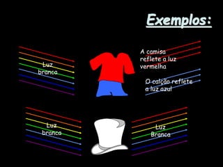 Exemplos:
Luz
branca
A camisa
reflete a luz
vermelha
Luz
Branca
O calção reflete
a luz azul
Luz
branca
 