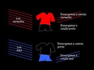 Luz
vermelha
Enxergamos a camisa
vermelha
Luz
Azul
Enxergamos o
calção preto
Enxergamos a camisa
preta
Enxergamos o
calção azul
 
