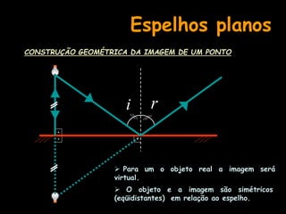 Espelhos planos
CONSTRUÇÃO GEOMÉTRICA DA IMAGEM DE UM PONTO
i r



 Para um o objeto real a imagem será
virtual.
 O objeto e a imagem são simétricos
(eqüidistantes) em relação ao espelho.
 