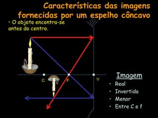 Características das imagens
fornecidas por um espelho côncavo
• O objeto encontra-se
antes do centro.
Imagem
• Real
• Invertida
• Menor
• Entre C e f
C F V
 