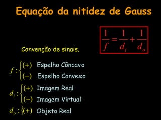 Equação da nitidez de Gauss
Convenção de sinais.
 )
(
:
)
(
)
(
:
)
(
)
(
:











o
i
d
d
f
Espelho Côncavo
Espelho Convexo
Imagem Real
Imagem Virtual
Objeto Real
o
i d
d
f
1
1
1


 