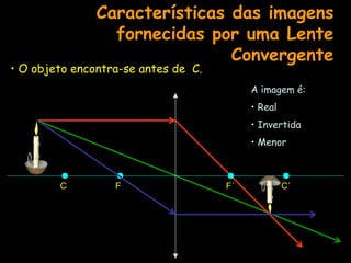 F
C F´ C´
A imagem é:
• Real
• Invertida
• Menor
Características das imagens
fornecidas por uma Lente
Convergente
• O objeto encontra-se antes de C.
 