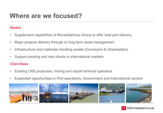 Where are we focused?
Market:
• Supplement capabilities of Monadelphous Group to offer total port delivery
• Major projects delivery through to long term asset management
• Infrastructure and materials handling assets (Conveyors to Shiploaders)
• Support existing and new clients in international markets
Client Base:
• Existing LNG producers, mining and export terminal operators
• Expanded opportunities in Port operations, Government and International sectors
 