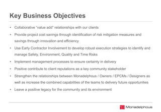 Key Business Objectives
• Collaborative “value add” relationships with our clients
• Provide project cost savings through identification of risk mitigation measures and
savings through innovation and efficiency
• Use Early Contractor Involvement to develop robust execution strategies to identify and
manage Safety, Environment, Quality and Time Risks
• Implement management processes to ensure certainty in delivery
• Positive contribute to client reputations as a key community stakeholder
• Strengthen the relationships between Monadelphous / Owners / EPCMs / Designers as
well as increase the combined capabilities of the teams to delivery future opportunities
• Leave a positive legacy for the community and its environment
 