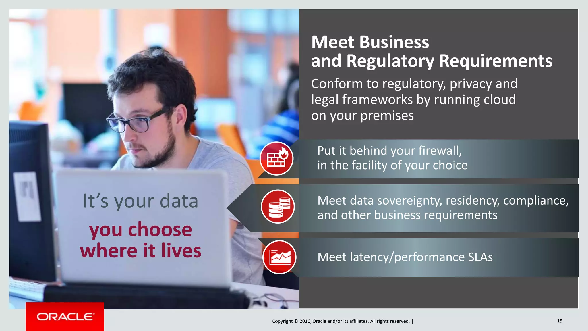 Copyright © 2016, Oracle and/or its affiliates. All rights reserved. |
Meet Business
and Regulatory Requirements
Conform to regulatory, privacy and
legal frameworks by running cloud
on your premises
It’s your data
you choose
where it lives
Put it behind your firewall,
in the facility of your choice
Meet latency/performance SLAs
Meet data sovereignty, residency, compliance,
and other business requirements
Copyright © 2016, Oracle and/or its affiliates. All rights reserved. | 15
 