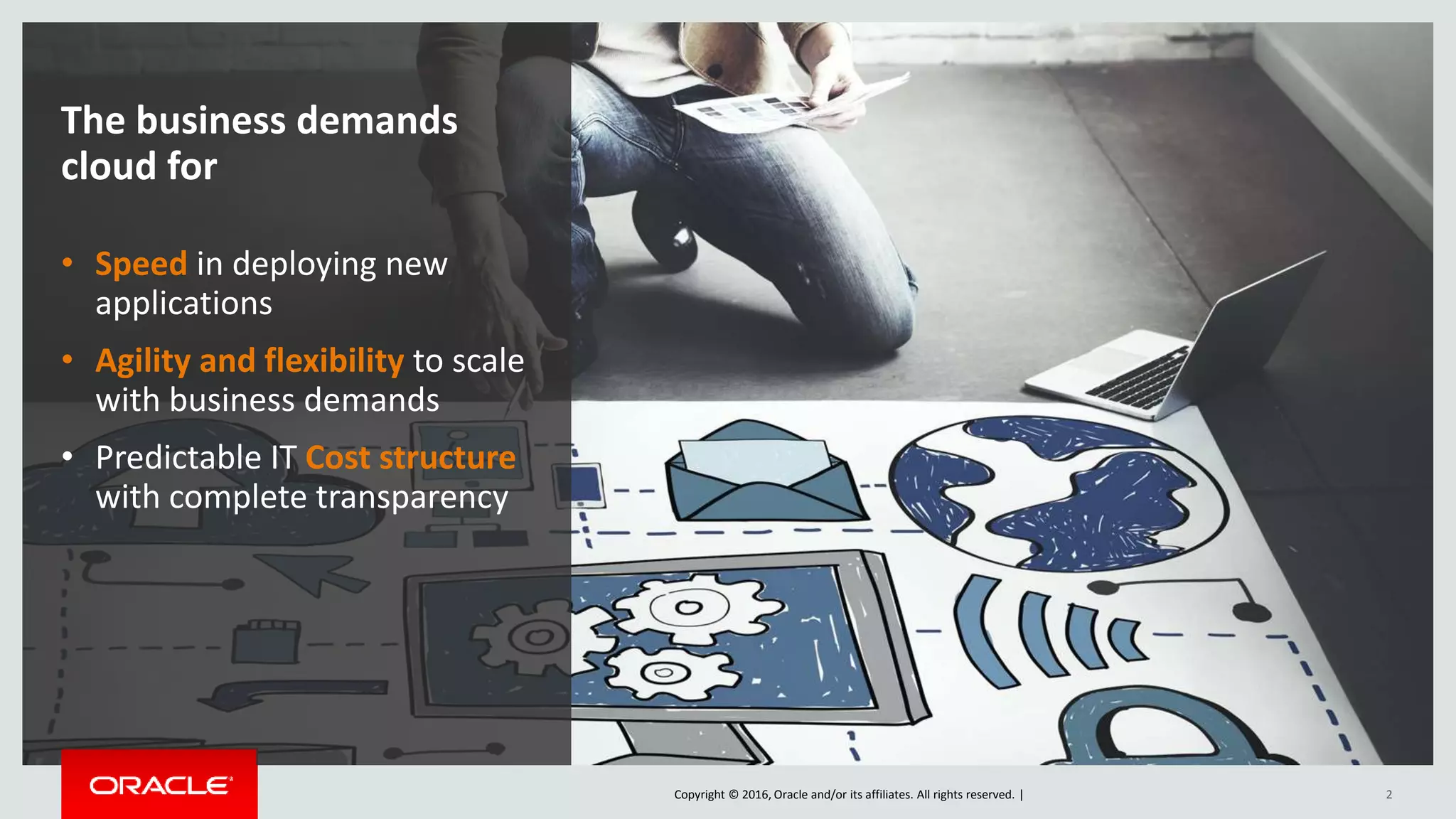 Copyright © 2016, Oracle and/or its affiliates. All rights reserved. | 2
The business demands
cloud for
• Speed in deploying new
applications
• Agility and flexibility to scale
with business demands
• Predictable IT Cost structure
with complete transparency
 