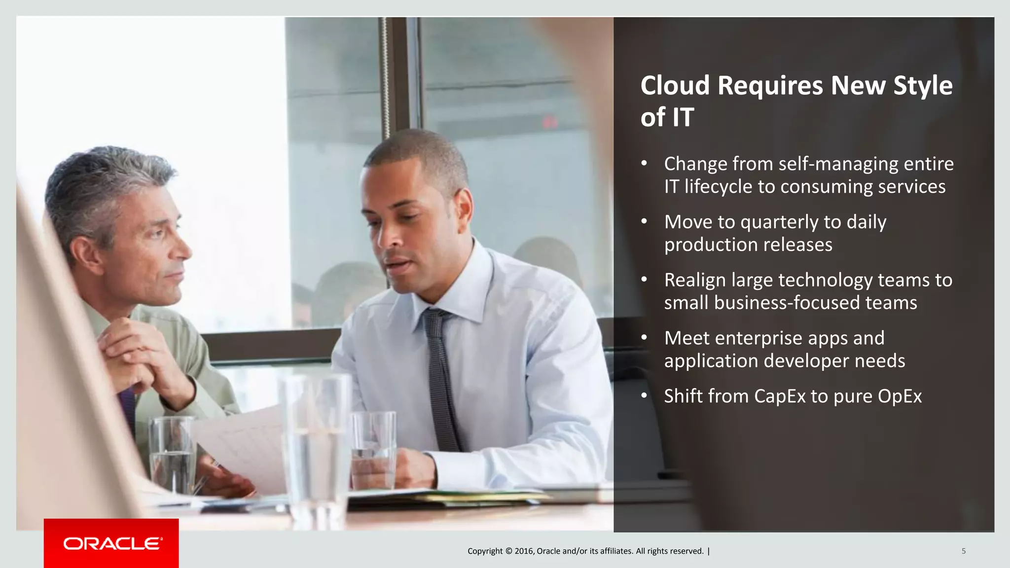 Copyright © 2016, Oracle and/or its affiliates. All rights reserved. |
Cloud Requires New Style
of IT
• Change from self-managing entire
IT lifecycle to consuming services
• Move to quarterly to daily
production releases
• Realign large technology teams to
small business-focused teams
• Meet enterprise apps and
application developer needs
• Shift from CapEx to pure OpEx
5
 