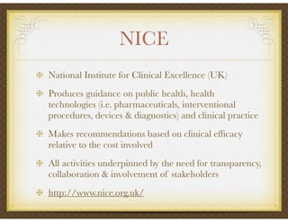 NICE
National Institute for Clinical Excellence (UK)
Produces guidance on public health, health
technologies (i.e. pharmaceuticals, interventional
procedures, devices & diagnostics) and clinical practice
Makes recommendations based on clinical efﬁcacy
relative to the cost involved
All activities underpinned by the need for transparency,
collaboration & involvement of stakeholders
http://www.nice.org.uk/
 