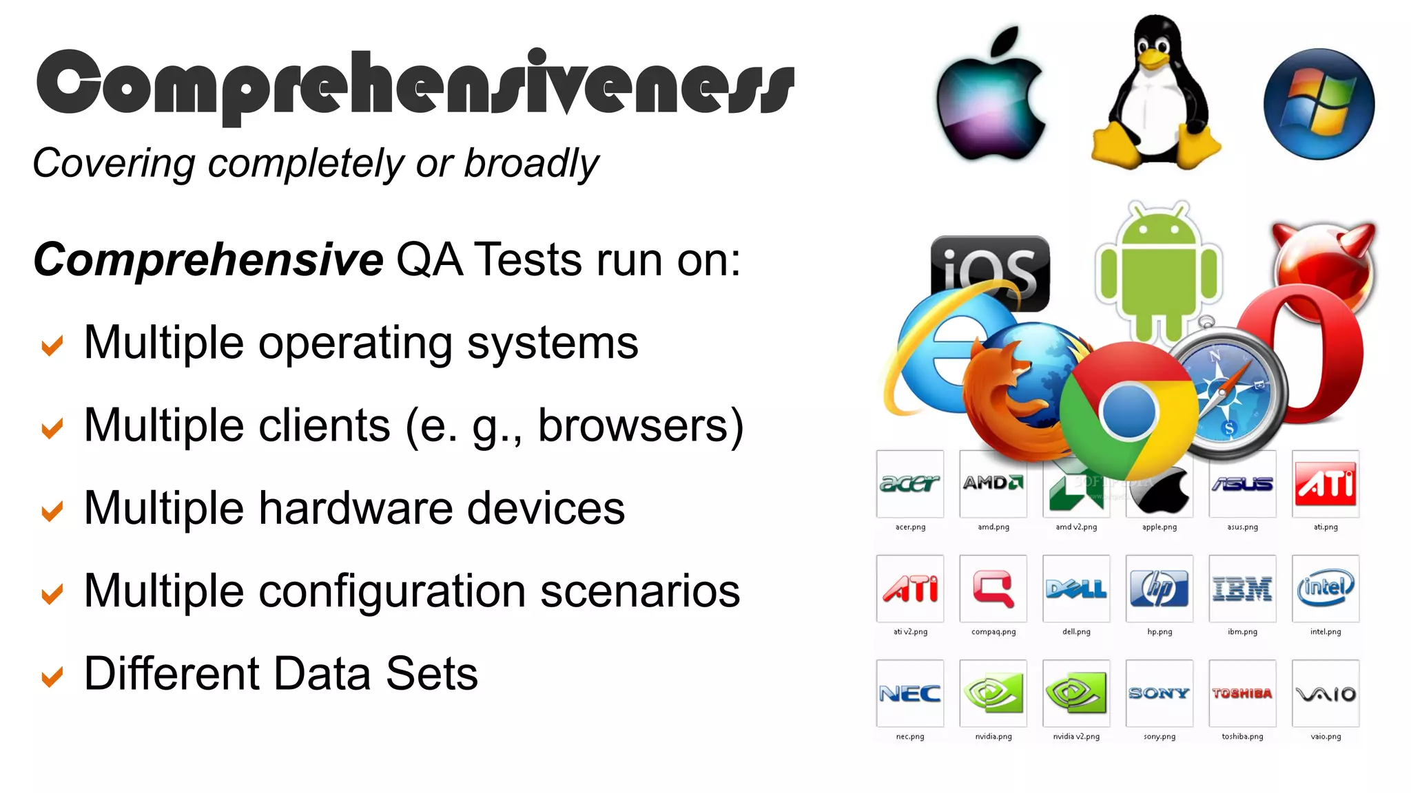 Comprehensiveness
Comprehensive QA Tests run on:
Multiple operating systems
Multiple clients (e. g., browsers)
Multiple hardware devices
Multiple configuration scenarios
Different Data Sets
Covering completely or broadly
 