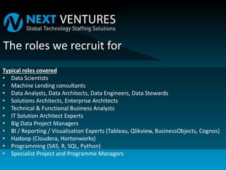 Typical roles covered
• Data Scientists
• Machine Lending consultants
• Data Analysts, Data Architects, Data Engineers, Data Stewards
• Solutions Architects, Enterprise Architects
• Technical & Functional Business Analysts
• IT Solution Architect Experts
• Big Data Project Managers
• BI / Reporting / Visualisation Experts (Tableau, Qlikview, BusinessObjects, Cognos)
• Hadoop (Cloudera, Hortonworks)
• Programming (SAS, R, SQL, Python)
• Specialist Project and Programme Managers
The roles we recruit for
 