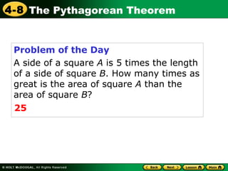 Problem of the Day A side of a square  A  is 5 times the length of a side of square  B . How many times as great is the area of square  A  than the area of square  B ? 25 
