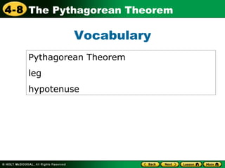 Pythagorean Theorem leg hypotenuse Vocabulary 
