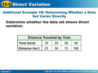 Determine whether the data set shows direct
variation.
Additional Example 1B: Determining Whether a Data
Set Varies Directly
Course 3
12-5 Direct Variation
 