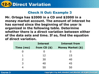 Mr. Ortega has $2000 in a CD and $2000 in a
money market account. The amount of interest he
has earned since the beginning of the year is
organized in the following table. Determine
whether there is a direct variation between either
of the data sets and time. If so, find the equation
of direct variation.
Check It Out: Example 3
Course 3
12-5 Direct Variation
Interest Interest from
Time (mo) from CD ($) Money Market ($)
0 0 0
1 12 15
2 30 40
3 40 45
4 50 50
 