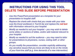 Toolkit for Using the AHRQ Quality Indicators
How to Improve Hospital Quality and Safety
Tool C.3 Slide 1
• Use this PowerPoint presentation as a template for your
presentation to hospital staff.
• Replace the charts with charts that you create with your data
(use the Excel workbook in Tool B.3a) and replace the red text
with information relevant to your hospital.
• Modify as needed to suit your hospital – you may wish to delete
some slides or sections of slides, and/or add material relevant to
your hospital.
• Modify as needed to suit the audience – you may need to tailor
for presentations to physicians, nurses, coding staff, or other
groups.
• As you modify the presentation, consider explicitly addressing
any sensitive issues that you know are likely to be on the minds
of your front-line staff (e.g. time demands of a new intervention)
INSTRUCTIONS FOR USING THIS TOOL
DELETE THIS SLIDE BEFORE PRESENTATION
 