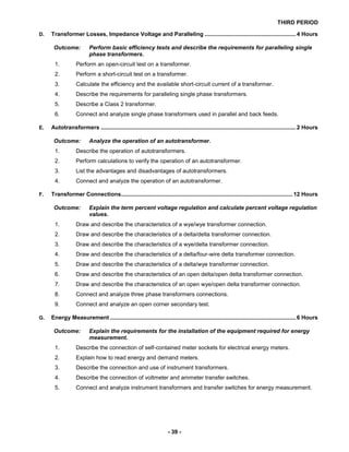 THIRD PERIOD
- 39 -
D. Transformer Losses, Impedance Voltage and Paralleling ..........................................................4 Hours
Outcome: Perform basic efficiency tests and describe the requirements for paralleling single
phase transformers.
1. Perform an open-circuit test on a transformer.
2. Perform a short-circuit test on a transformer.
3. Calculate the efficiency and the available short-circuit current of a transformer.
4. Describe the requirements for paralleling single phase transformers.
5. Describe a Class 2 transformer.
6. Connect and analyze single phase transformers used in parallel and back feeds.
E. Autotransformers ............................................................................................................................2 Hours
Outcome: Analyze the operation of an autotransformer.
1. Describe the operation of autotransformers.
2. Perform calculations to verify the operation of an autotransformer.
3. List the advantages and disadvantages of autotransformers.
4. Connect and analyze the operation of an autotransformer.
F. Transformer Connections.............................................................................................................12 Hours
Outcome: Explain the term percent voltage regulation and calculate percent voltage regulation
values.
1. Draw and describe the characteristics of a wye/wye transformer connection.
2. Draw and describe the characteristics of a delta/delta transformer connection.
3. Draw and describe the characteristics of a wye/delta transformer connection.
4. Draw and describe the characteristics of a delta/four-wire delta transformer connection.
5. Draw and describe the characteristics of a delta/wye transformer connection.
6. Draw and describe the characteristics of an open delta/open delta transformer connection.
7. Draw and describe the characteristics of an open wye/open delta transformer connection.
8. Connect and analyze three phase transformers connections.
9. Connect and analyze an open corner secondary test.
G. Energy Measurement ......................................................................................................................6 Hours
Outcome: Explain the requirements for the installation of the equipment required for energy
measurement.
1. Describe the connection of self-contained meter sockets for electrical energy meters.
2. Explain how to read energy and demand meters.
3. Describe the connection and use of instrument transformers.
4. Describe the connection of voltmeter and ammeter transfer switches.
5. Connect and analyze instrument transformers and transfer switches for energy measurement.
 