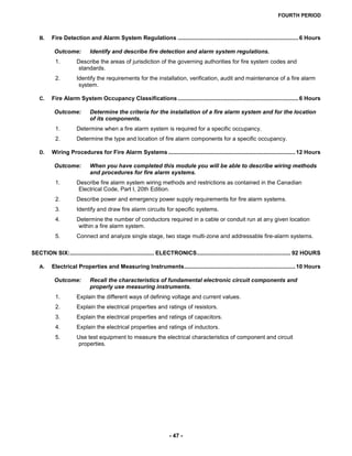 FOURTH PERIOD
- 47 -
B. Fire Detection and Alarm System Regulations ............................................................................6 Hours
Outcome: Identify and describe fire detection and alarm system regulations.
1. Describe the areas of jurisdiction of the governing authorities for fire system codes and
standards.
2. Identify the requirements for the installation, verification, audit and maintenance of a fire alarm
system.
C. Fire Alarm System Occupancy Classifications ............................................................................6 Hours
Outcome: Determine the criteria for the installation of a fire alarm system and for the location
of its components.
1. Determine when a fire alarm system is required for a specific occupancy.
2. Determine the type and location of fire alarm components for a specific occupancy.
D. Wiring Procedures for Fire Alarm Systems ................................................................................12 Hours
Outcome: When you have completed this module you will be able to describe wiring methods
and procedures for fire alarm systems.
1. Describe fire alarm system wiring methods and restrictions as contained in the Canadian
Electrical Code, Part I, 20th Edition.
2. Describe power and emergency power supply requirements for fire alarm systems.
3. Identify and draw fire alarm circuits for specific systems.
4. Determine the number of conductors required in a cable or conduit run at any given location
within a fire alarm system.
5. Connect and analyze single stage, two stage multi-zone and addressable fire-alarm systems.
SECTION SIX:..................................................... ELECTRONICS........................................................... 92 HOURS
A. Electrical Properties and Measuring Instruments......................................................................10 Hours
Outcome: Recall the characteristics of fundamental electronic circuit components and
properly use measuring instruments.
1. Explain the different ways of defining voltage and current values.
2. Explain the electrical properties and ratings of resistors.
3. Explain the electrical properties and ratings of capacitors.
4. Explain the electrical properties and ratings of inductors.
5. Use test equipment to measure the electrical characteristics of component and circuit
properties.
 
