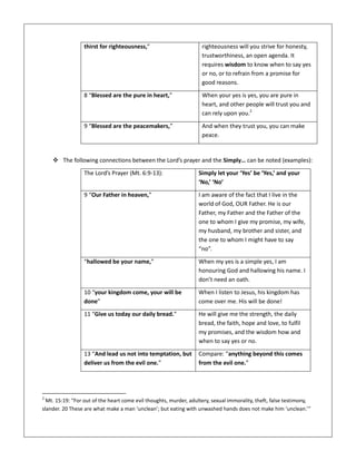 thirst for righteousness,” righteousness will you strive for honesty,
trustworthiness, an open agenda. It
requires wisdom to know when to say yes
or no, or to refrain from a promise for
good reasons.
8 “Blessed are the pure in heart,” When your yes is yes, you are pure in
heart, and other people will trust you and
can rely upon you.2
9 “Blessed are the peacemakers,” And when they trust you, you can make
peace.
 The following connections between the Lord’s prayer and the Simply… can be noted (examples):
The Lord’s Prayer (Mt. 6:9-13): Simply let your ‘Yes’ be ‘Yes,’ and your
‘No,’ ‘No’
9 “Our Father in heaven,” I am aware of the fact that I live in the
world of God, OUR Father. He is our
Father, my Father and the Father of the
one to whom I give my promise, my wife,
my husband, my brother and sister, and
the one to whom I might have to say
“no”.
“hallowed be your name,” When my yes is a simple yes, I am
honouring God and hallowing his name. I
don’t need an oath.
10 “your kingdom come, your will be
done”
When I listen to Jesus, his kingdom has
come over me. His will be done!
11 “Give us today our daily bread.” He will give me the strength, the daily
bread, the faith, hope and love, to fulfil
my promises, and the wisdom how and
when to say yes or no.
13 “And lead us not into temptation, but
deliver us from the evil one.”
Compare: “anything beyond this comes
from the evil one.”
2
Mt. 15:19: “For out of the heart come evil thoughts, murder, adultery, sexual immorality, theft, false testimony,
slander. 20 These are what make a man ‘unclean’; but eating with unwashed hands does not make him ‘unclean.’”
 