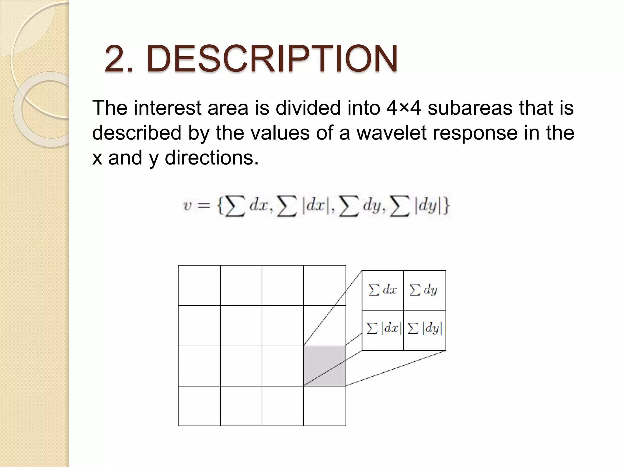 2. DESCRIPTION
The interest area is divided into 4×4 subareas that is
described by the values of a wavelet response in the
x and y directions.
 