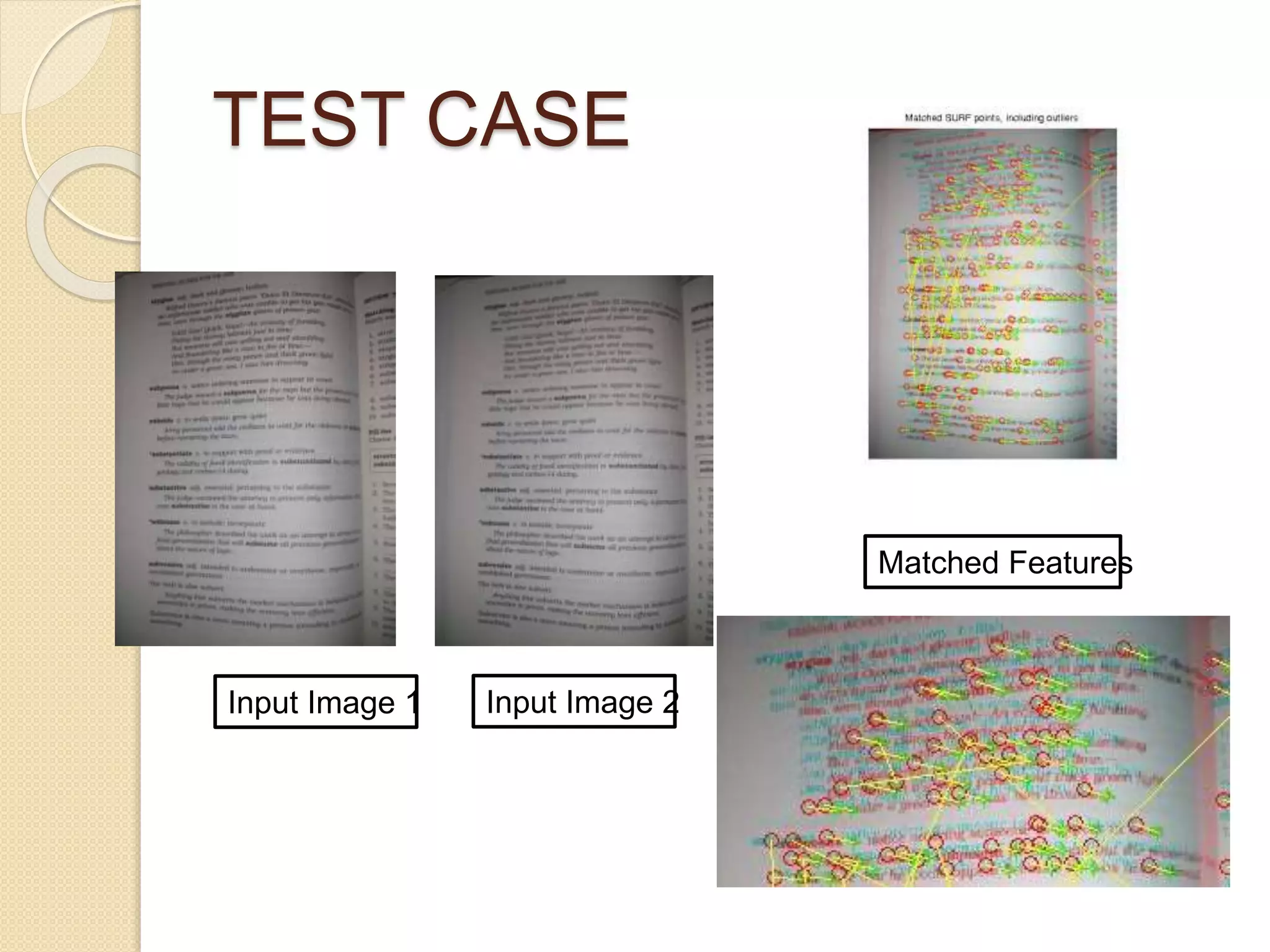 TEST CASE
Input Image 1 Input Image 2
Matched Features
 