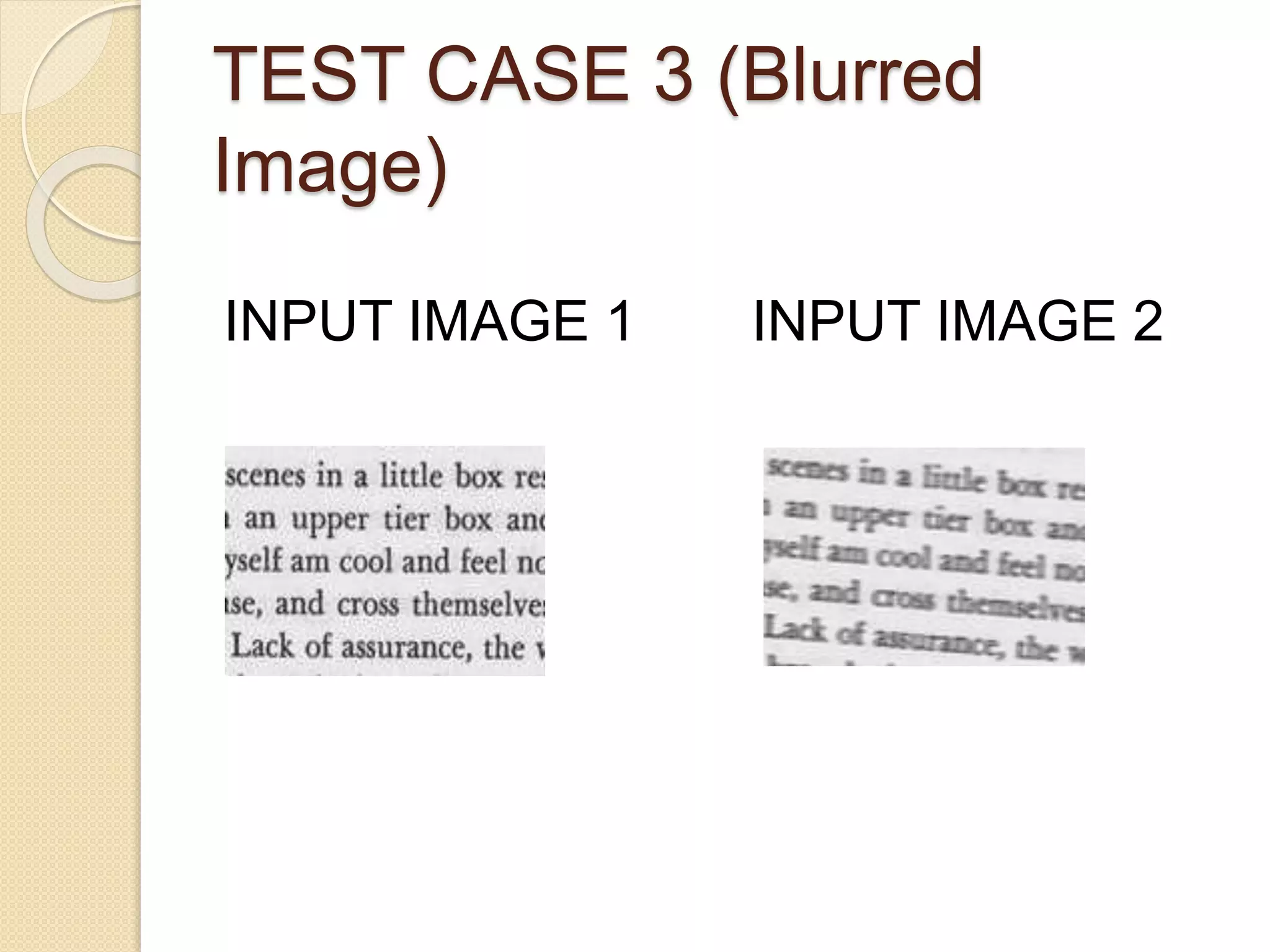 TEST CASE 3 (Blurred
Image)
INPUT IMAGE 1 INPUT IMAGE 2
 