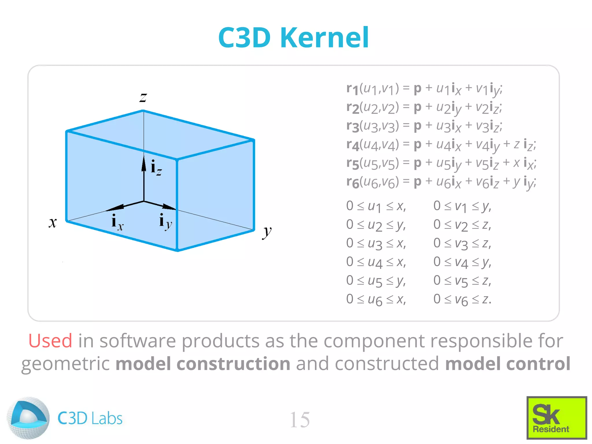 Used in software products as the component responsible for
geometric model construction and constructed model control
C3D Kernel
r1(u1,v1) = p + u1ix + v1iy;
r2(u2,v2) = p + u2iy + v2iz;
r3(u3,v3) = p + u3ix + v3iz;
r4(u4,v4) = p + u4ix + v4iy + z iz;
r5(u5,v5) = p + u5iy + v5iz + x ix;
r6(u6,v6) = p + u6ix + v6iz + y iy;
0  u1  x, 0  v1  y,
0  u2  y, 0  v2  z,
0  u3  x, 0  v3  z,
0  u4  x, 0  v4  y,
0  u5  y, 0  v5  z,
0  u6  x, 0  v6  z.
15
 